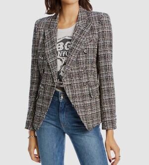 LINI Women's Black McKenzie Tweed Double-Breasted Jacket Blazer Size 8